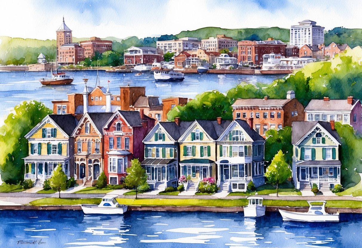 A cozy Portland, ME neighborhood with charming Victorian homes and a bustling downtown, surrounded by scenic waterfront and lush greenery