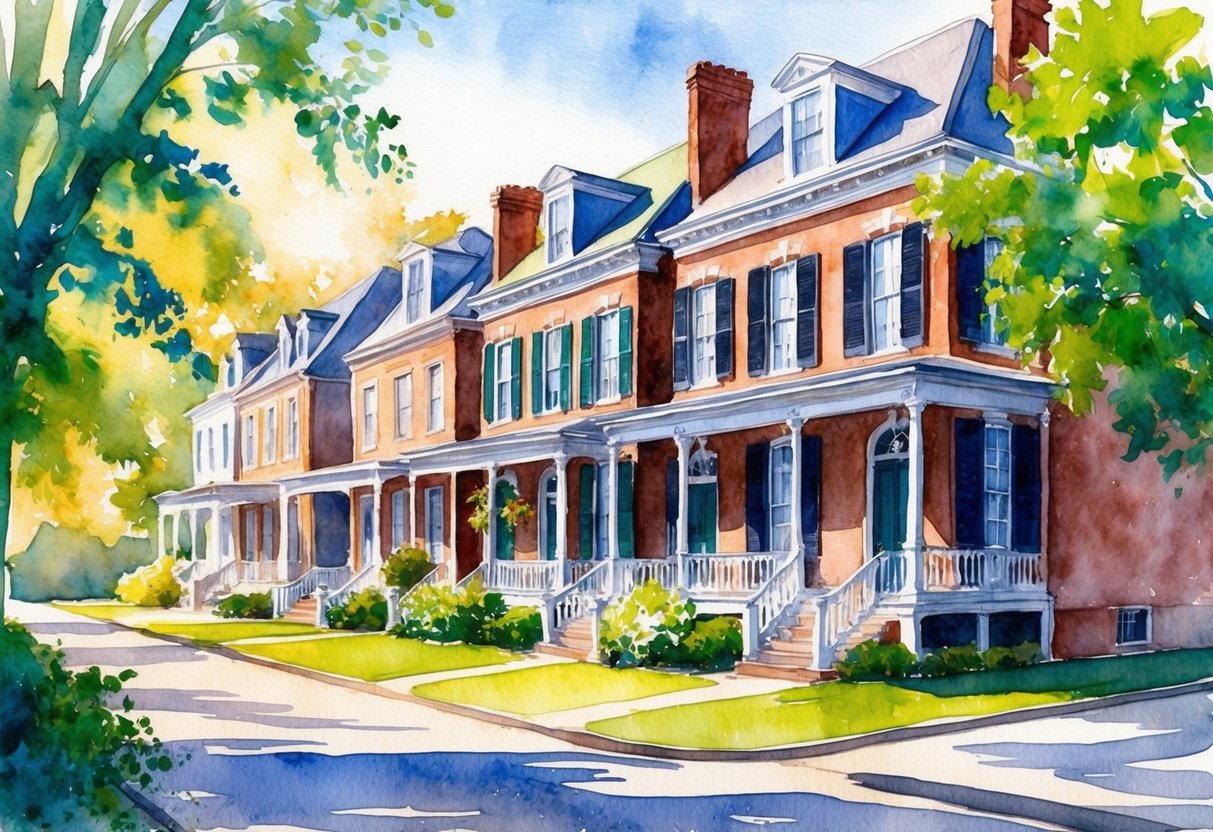 A row of historic homes in Baton Rouge, Louisiana, surrounded by lush greenery and bathed in warm sunlight