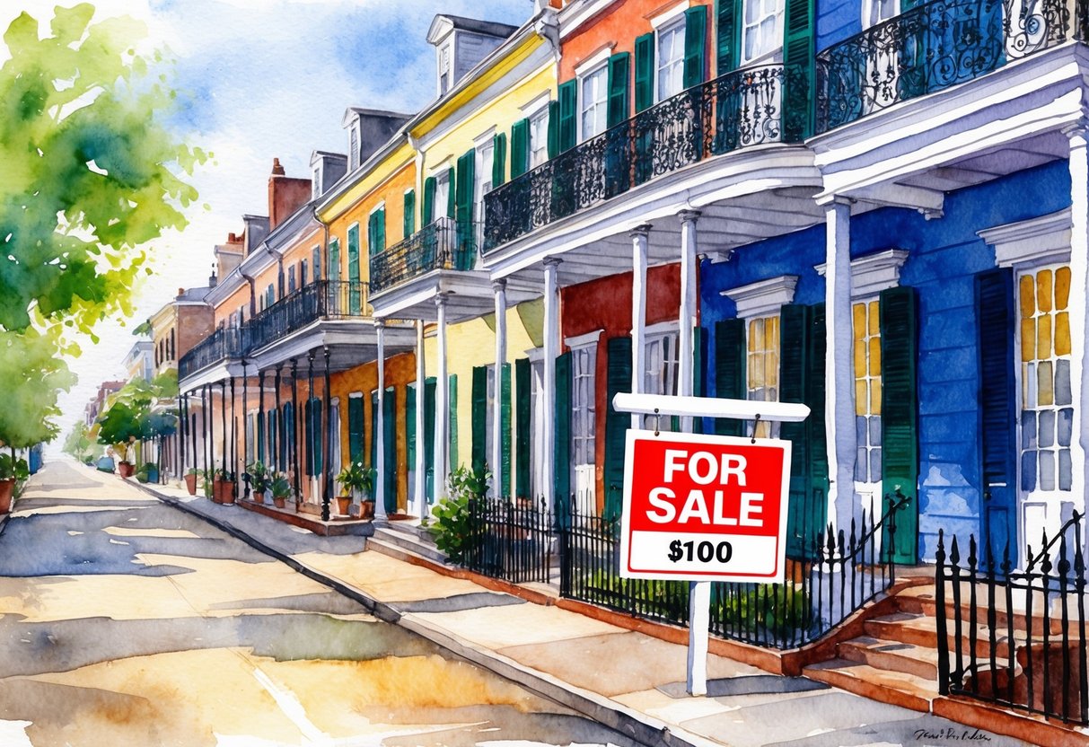 A historic New Orleans street lined with colorful shotgun houses and grand Creole cottages, with a "For Sale" sign in front of a renovated property