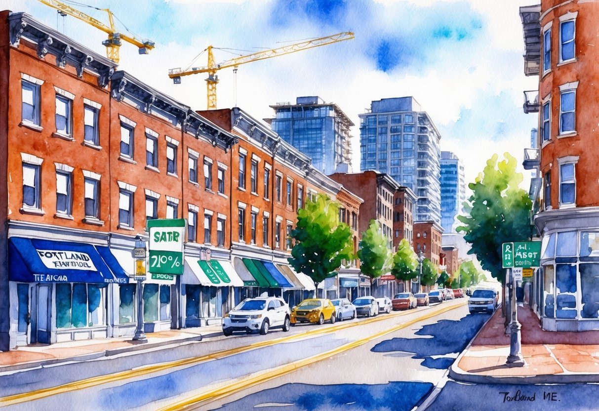 A bustling city street in Portland, ME, lined with historic brick buildings and modern high-rises. Real estate signs adorn storefronts and construction cranes dot the skyline