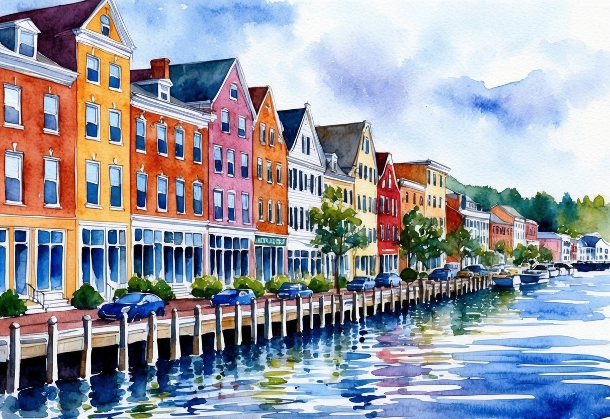A bustling street in Portland, ME with rows of charming historic buildings and waterfront properties, showcasing the potential for maximizing investment returns in real estate