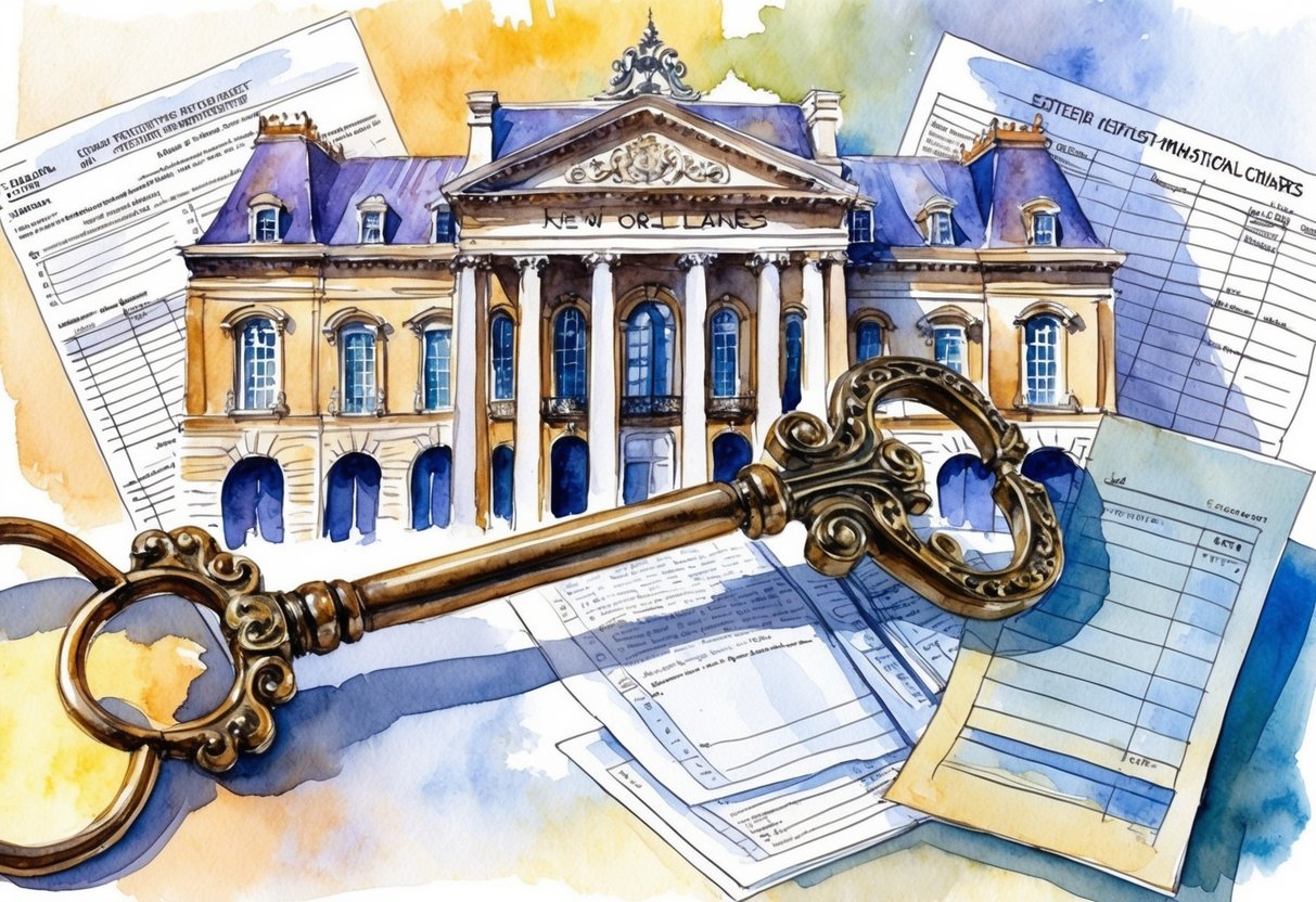 An ornate key unlocking a grand, historic building in New Orleans, surrounded by documents and financial charts