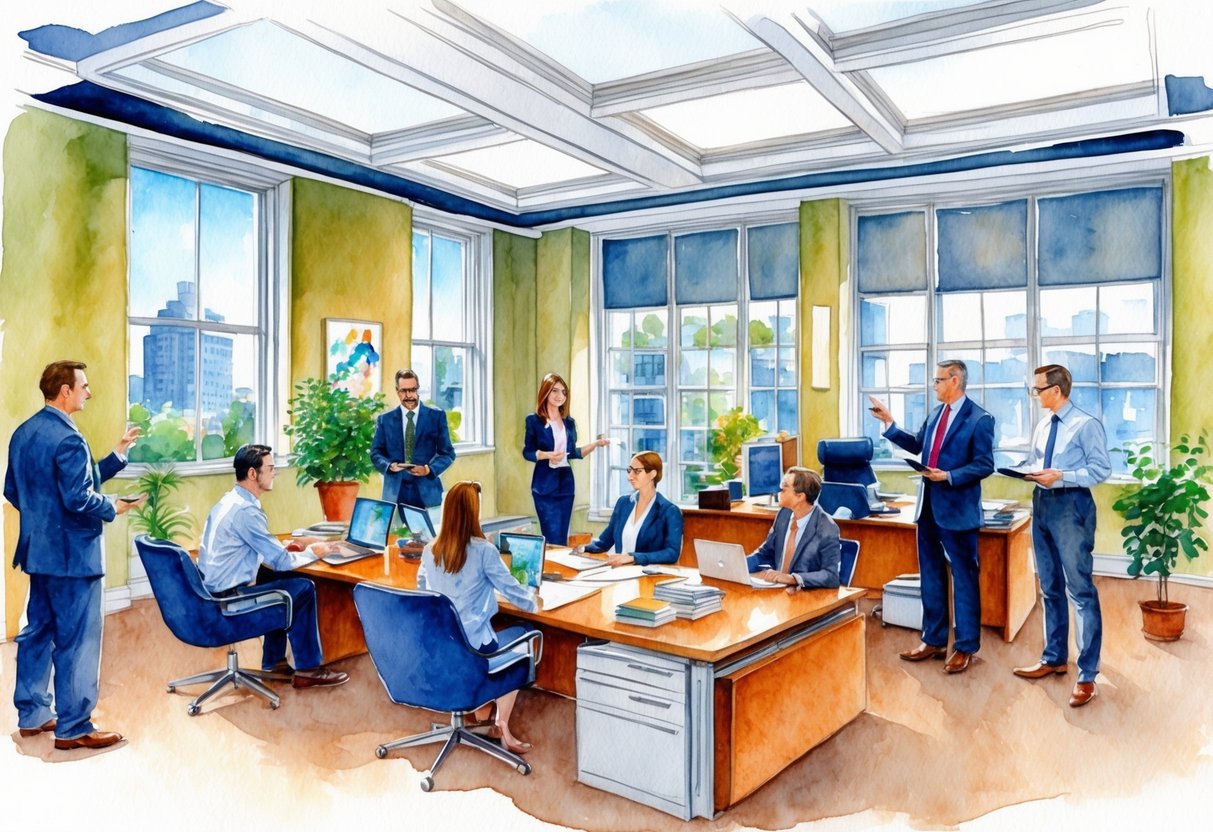 A bustling real estate office in downtown Portland, ME, with agents discussing market trends and guiding clients through the sales process