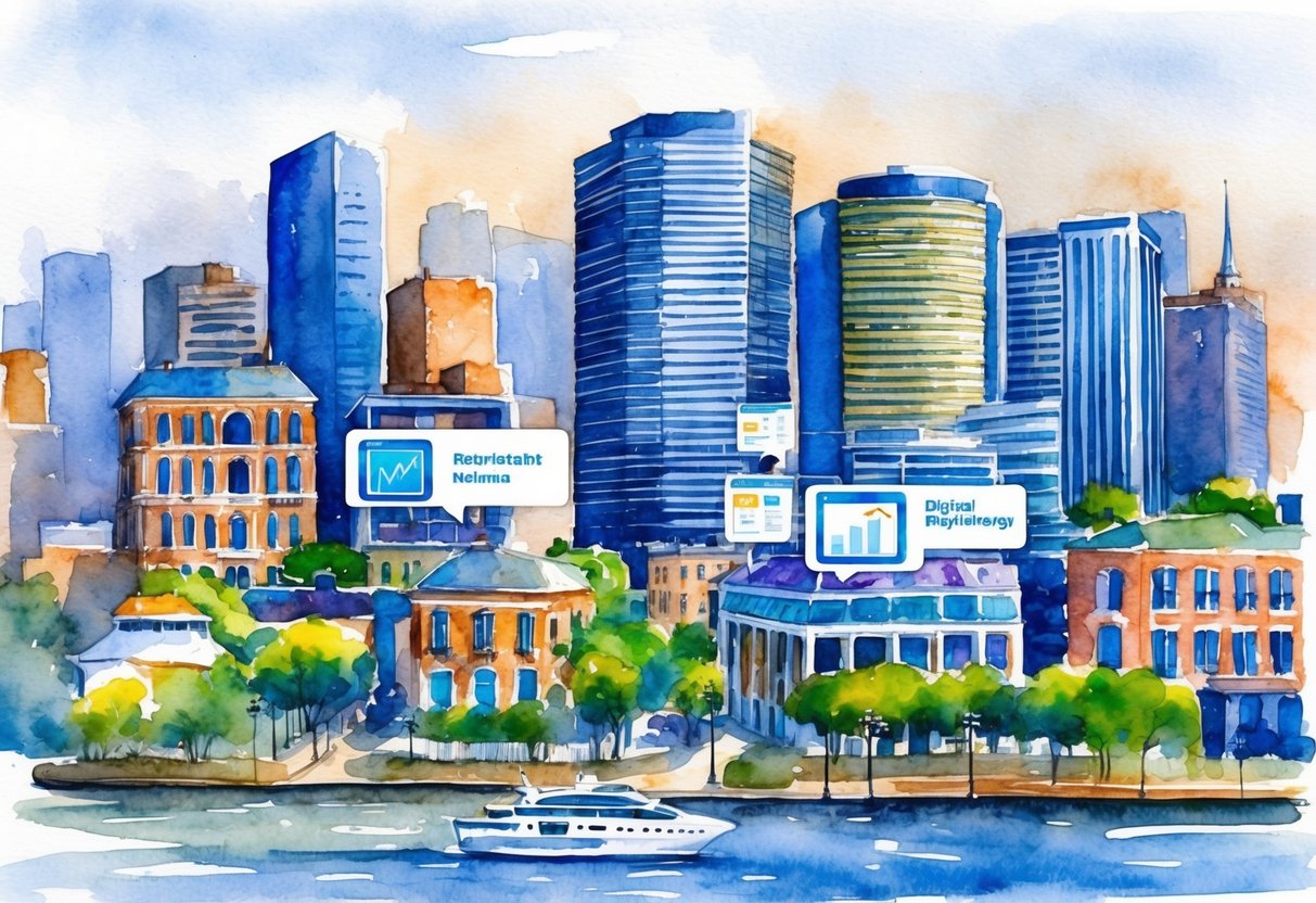 A bustling cityscape in New Orleans, Louisiana, with modern buildings and digital technology integrated into the real estate investment process