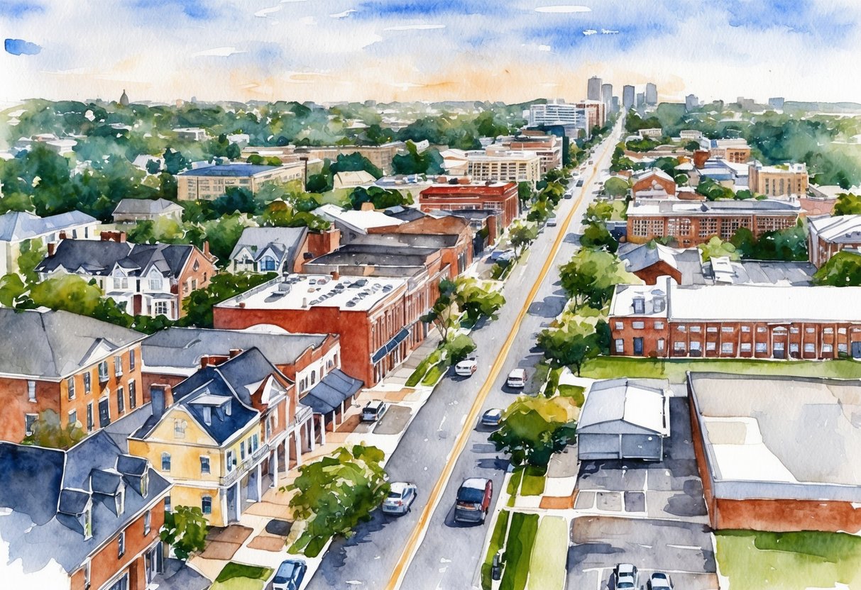 A bustling Baton Rouge street with diverse real estate properties, including residential homes, commercial buildings, and vacant land for potential investment