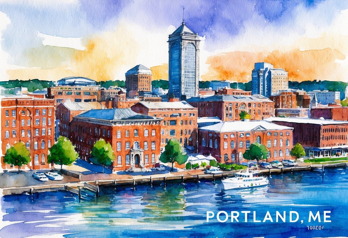 A vibrant cityscape of Portland, ME with historic brick buildings, waterfront views, and a mix of modern and traditional architecture