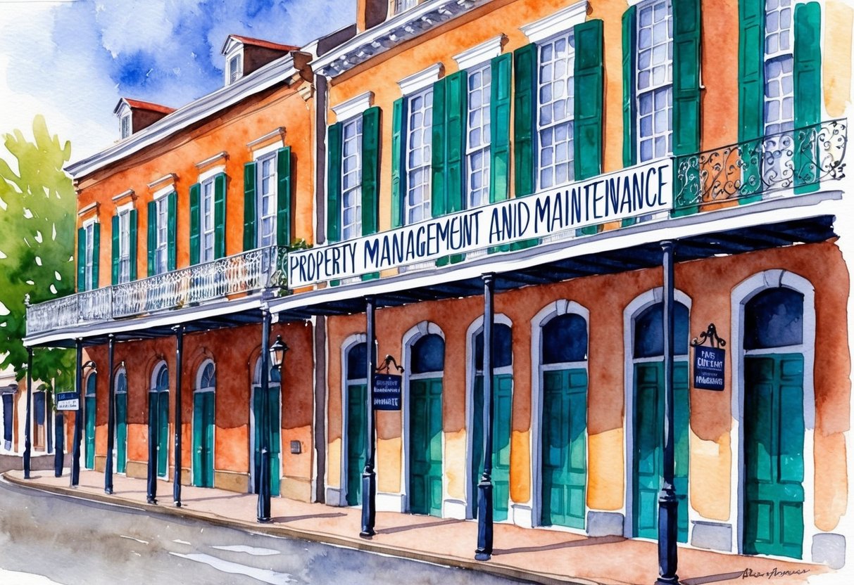 A row of historic New Orleans buildings with "Property Management and Maintenance" signage