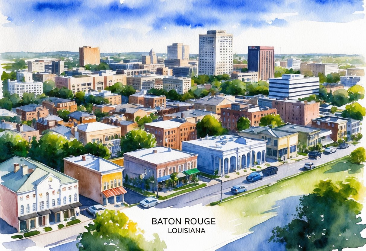 A bustling cityscape in Baton Rouge, Louisiana, with various real estate properties such as houses, apartments, and commercial buildings