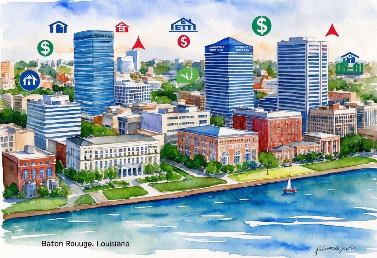 A cityscape of Baton Rouge, Louisiana with various real estate properties and financial symbols surrounding the buildings