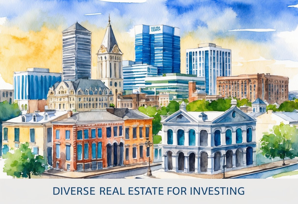 A sunny day in Baton Rouge, with a mix of historic and modern buildings, showcasing the diverse real estate options available for investing