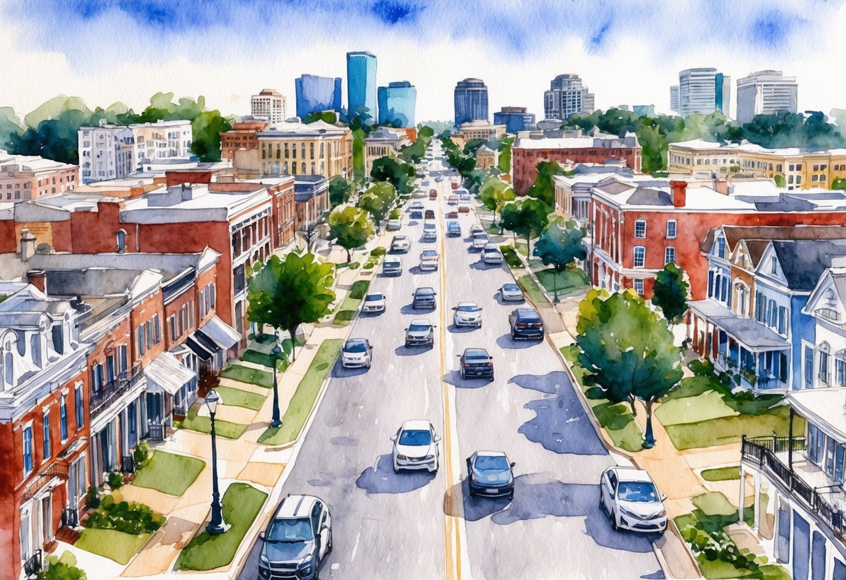 A bustling Baton Rouge street with diverse real estate properties, from historic homes to modern developments, amidst economic shifts