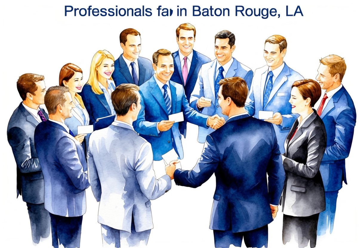 A group of professionals gather in Baton Rouge, LA, discussing real estate investments. They exchange business cards and shake hands, forming a network
