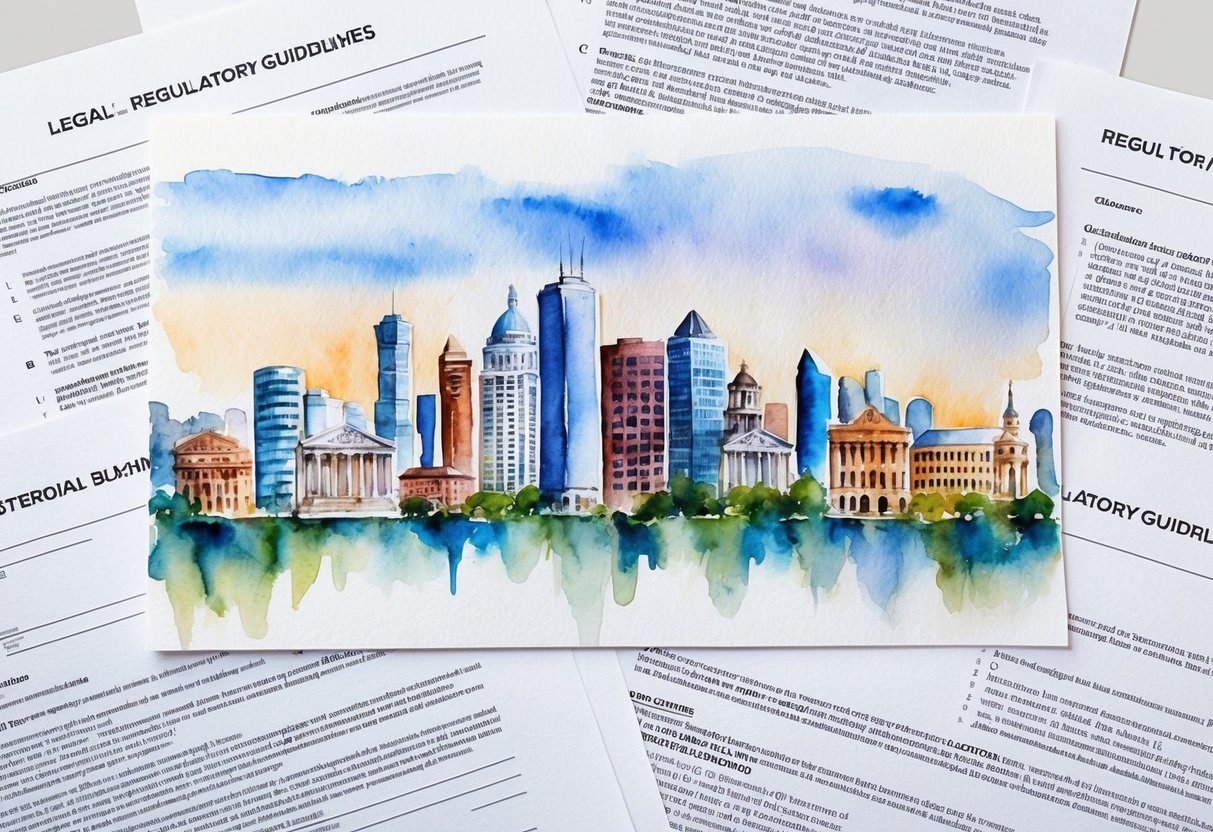 A city skyline with a mix of modern and historic buildings, surrounded by legal documents and regulatory guidelines