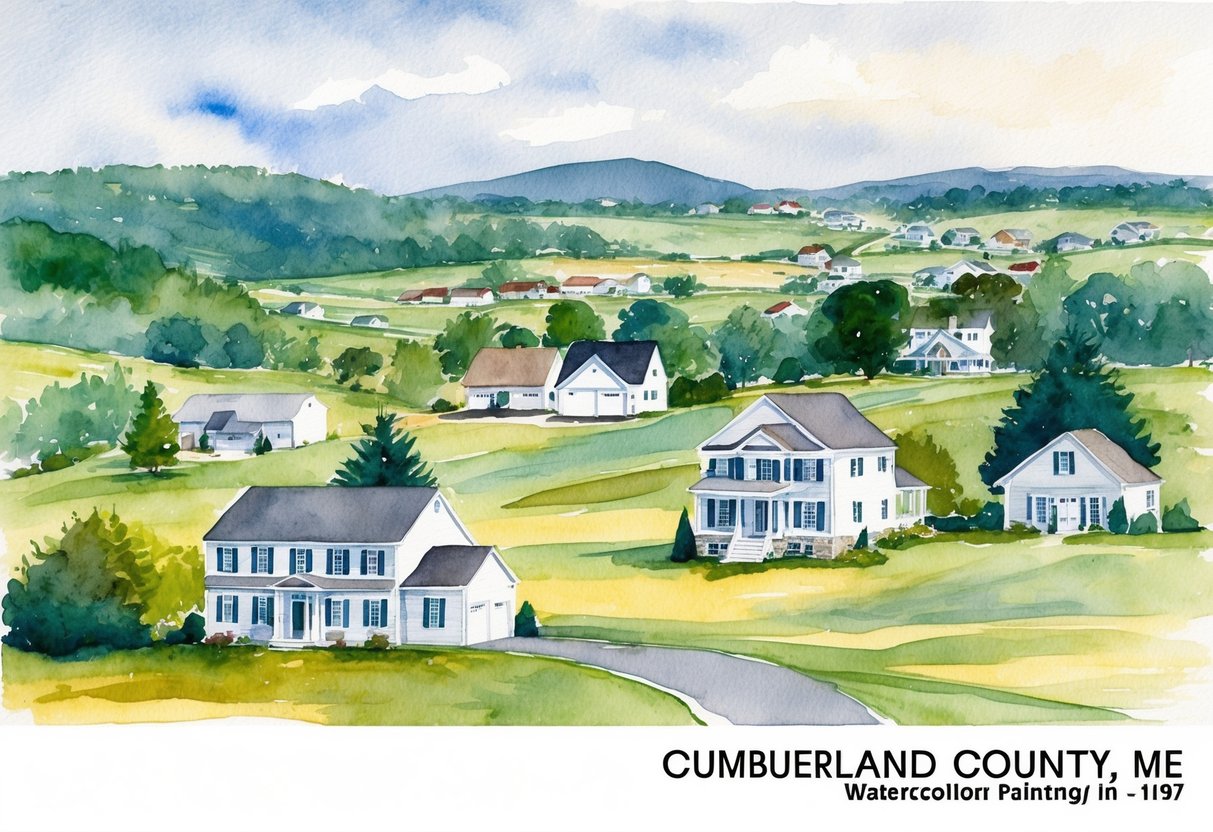 A scenic landscape in Cumberland County, ME with a mix of rural and suburban real estate properties
