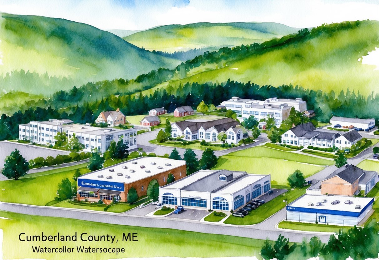 A picturesque landscape of Cumberland County, ME, with residential and commercial properties, surrounded by lush greenery and rolling hills