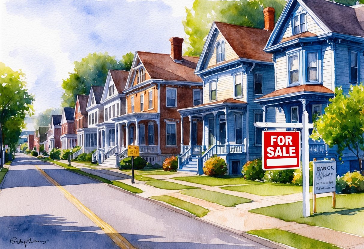 A quaint street in Bangor, ME with rows of historic homes and a "For Sale" sign in front of a charming Victorian house