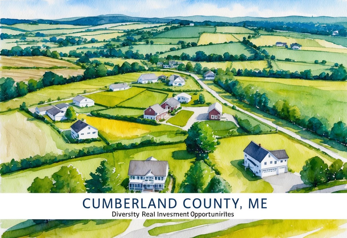 A rural landscape in Cumberland County, ME with a mix of farmland and residential properties, showcasing the diversity of real estate investment opportunities