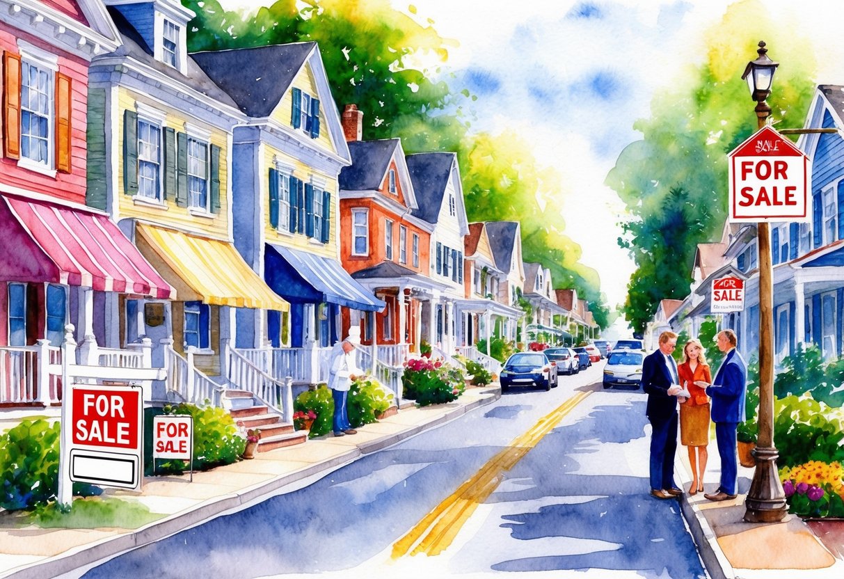 A bustling street in Bangor, ME lined with charming homes and "For Sale" signs, with real estate agents and potential buyers discussing properties