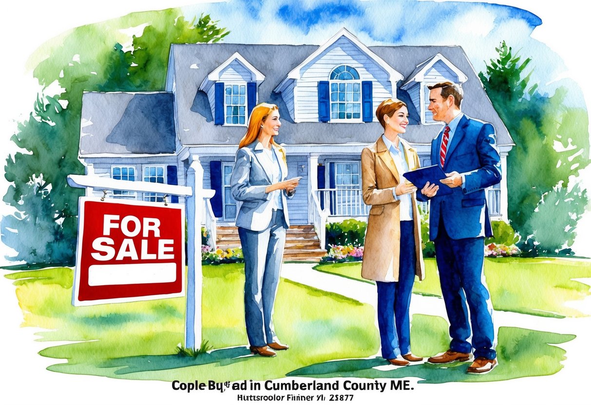 A couple discusses home-buying with a real estate agent in Cumberland County, ME. A "For Sale" sign stands in the front yard