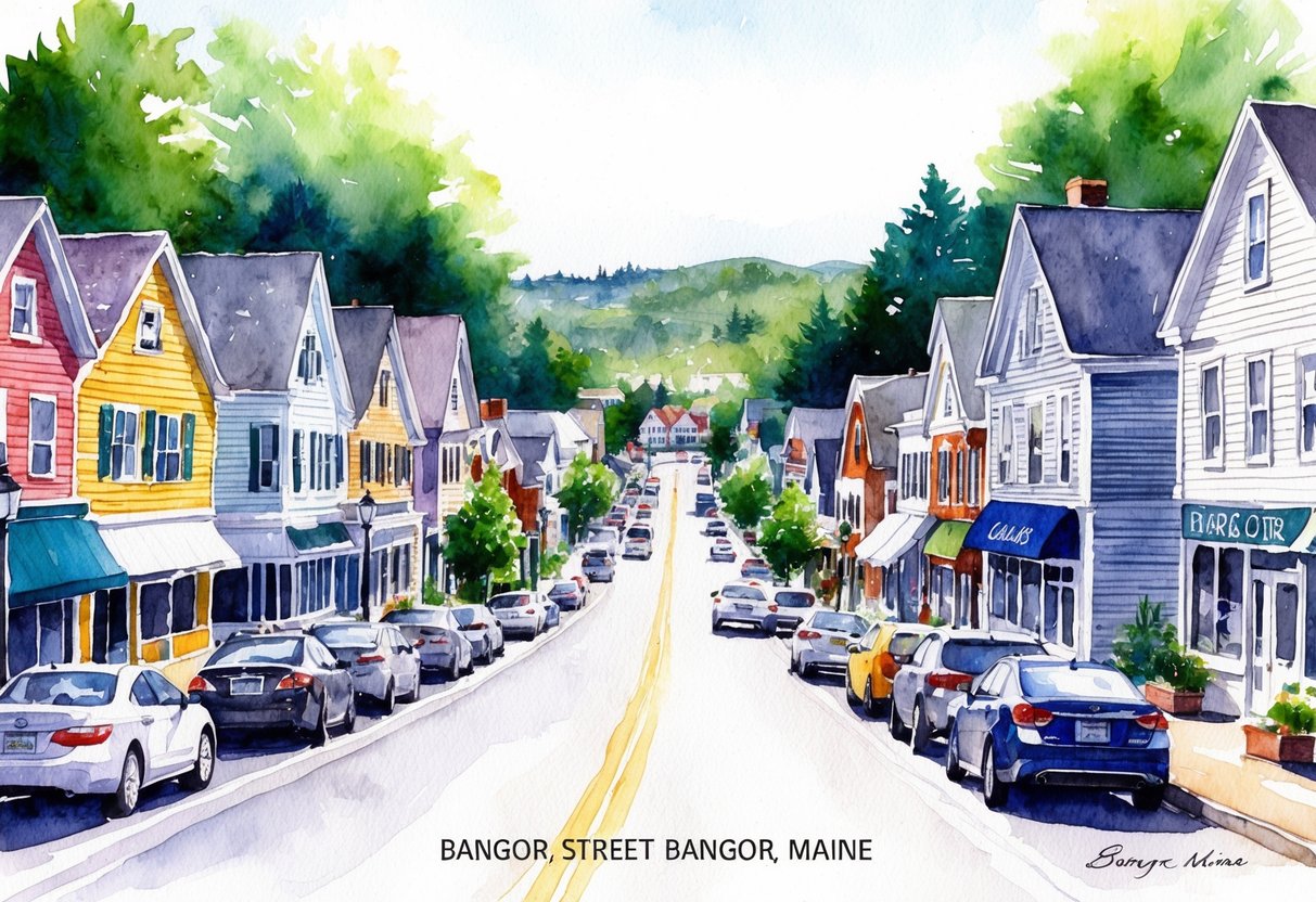 A bustling street in Bangor, Maine, lined with various types of real estate properties - from residential homes to commercial buildings