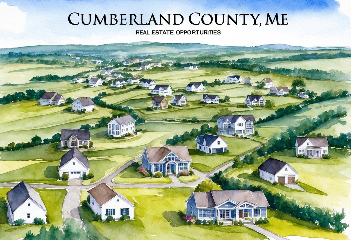 A sprawling landscape in Cumberland County, ME with various real estate properties and investment opportunities