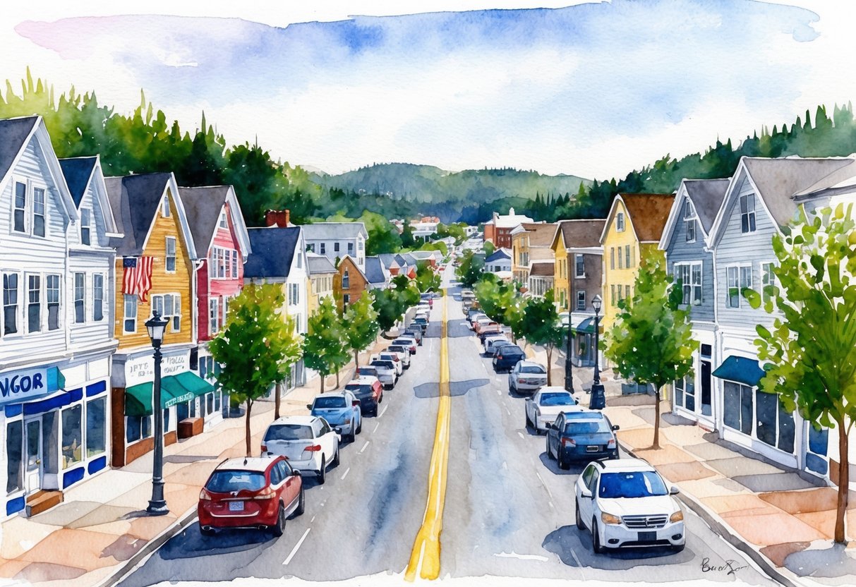 A bustling street in Bangor, Maine, lined with diverse real estate properties and a mix of residential and commercial buildings