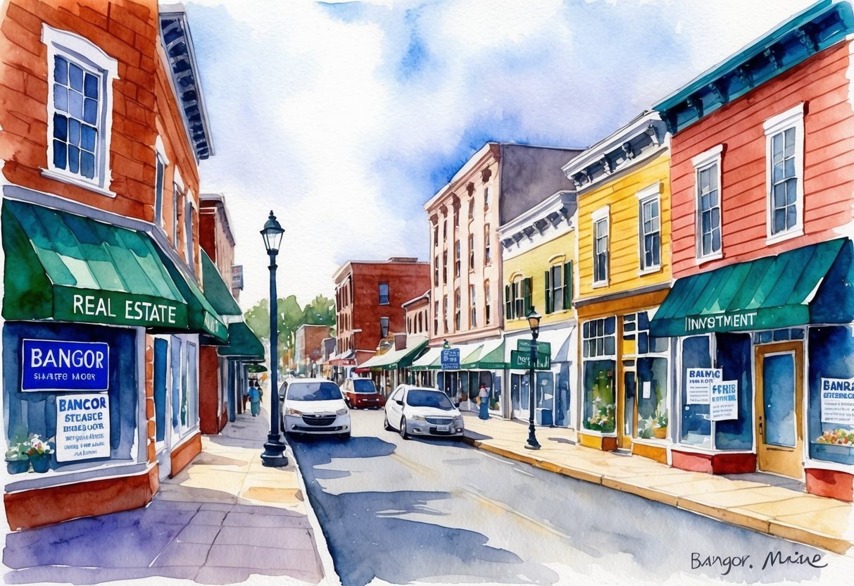 A bustling downtown street in Bangor, Maine, with a mix of historic and modern buildings. Real estate signs and investment flyers adorn storefront windows