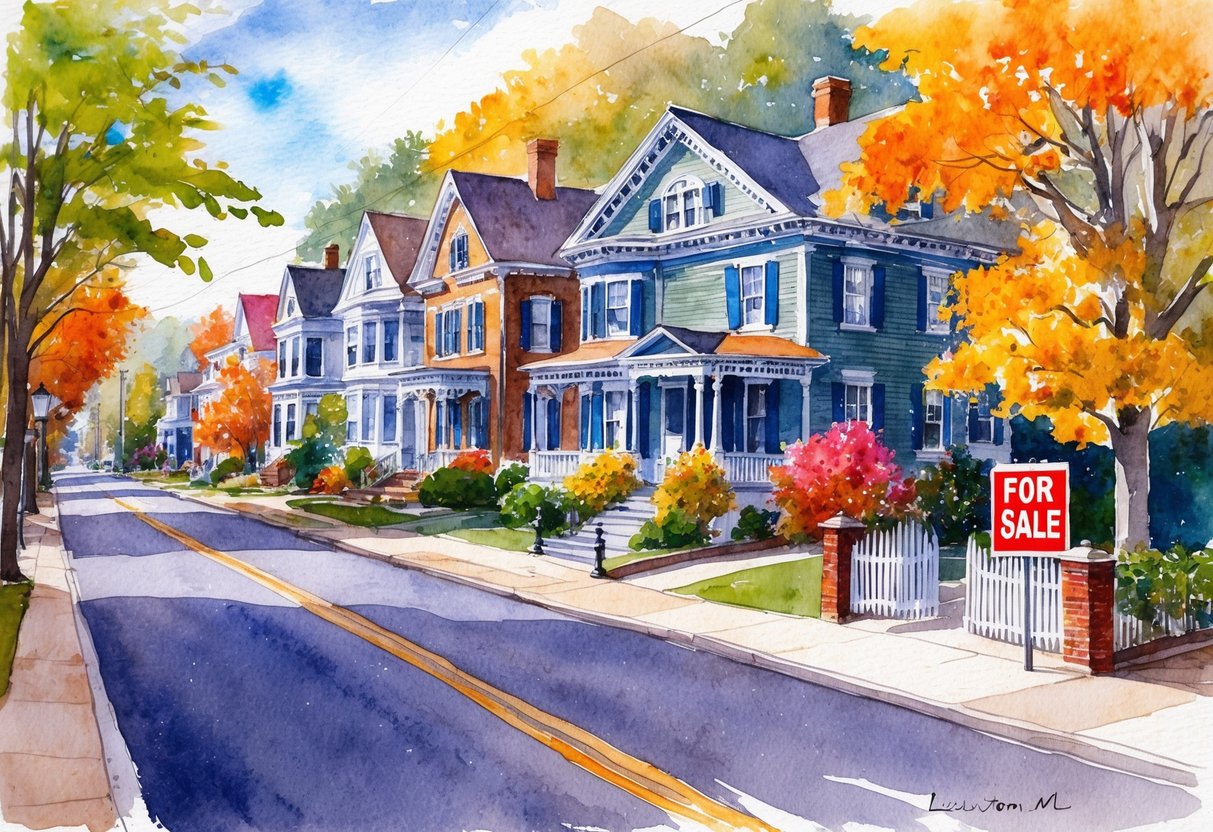 A quaint street in Lewiston, ME lined with historic homes and vibrant fall foliage, with a "For Sale" sign in front of a charming Victorian house