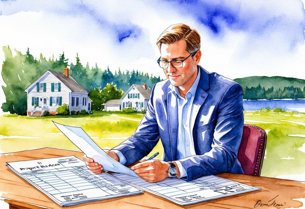 A real estate investor carefully examines property records and surveys in Bangor, Maine