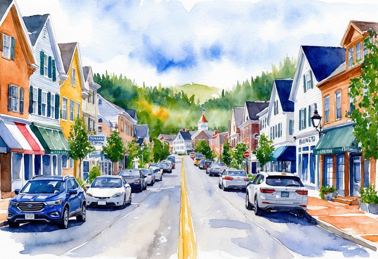 A bustling street in Lewiston, Maine lined with various types of real estate investments - from residential homes to commercial properties