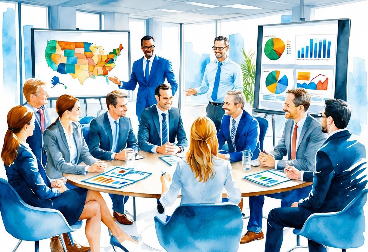 A diverse group of professionals meeting in a modern office, discussing real estate investment strategies with maps and financial charts on display