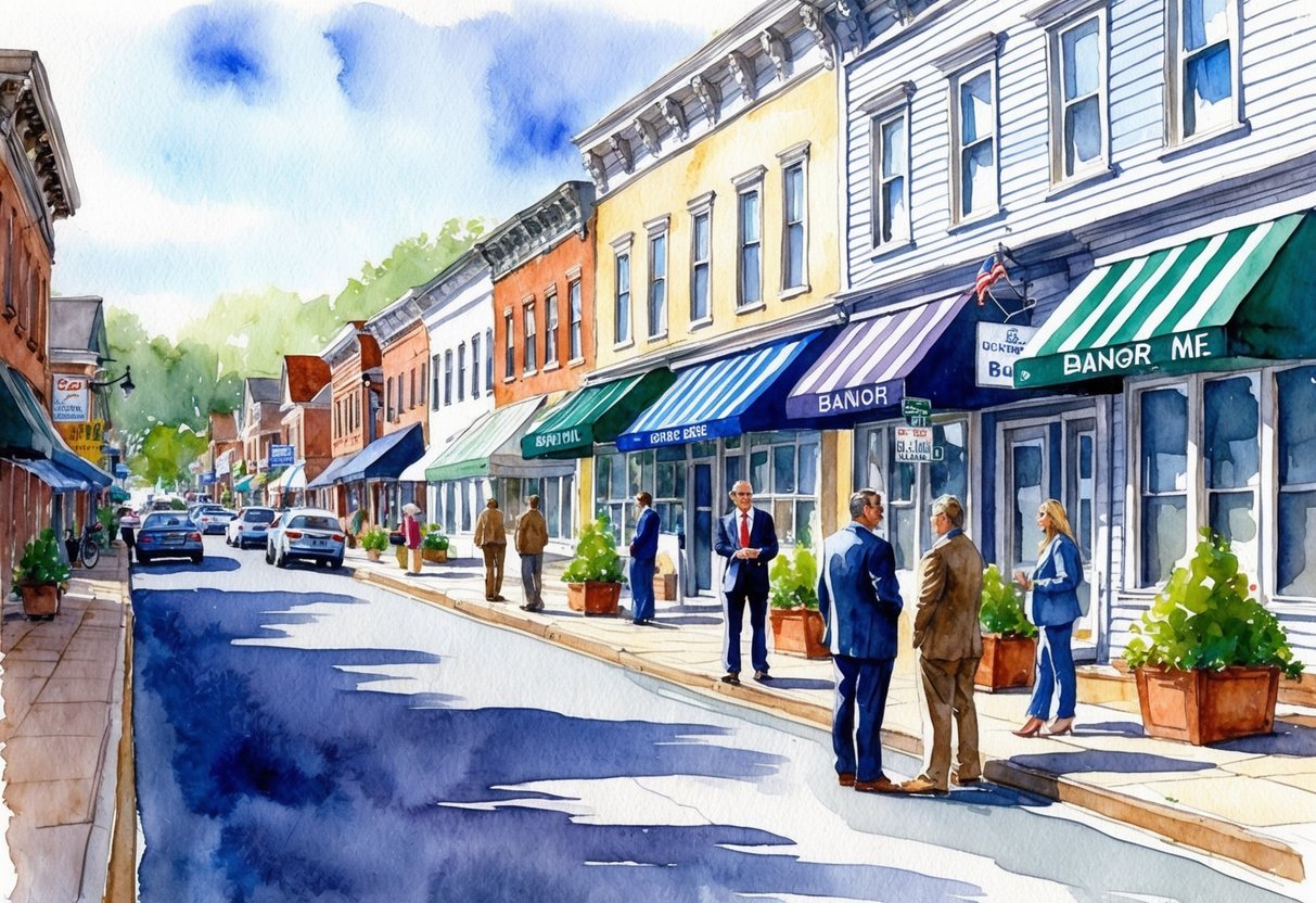 A bustling street in Bangor, ME lined with various real estate properties. Investors and agents converse outside buildings, discussing potential exit strategies