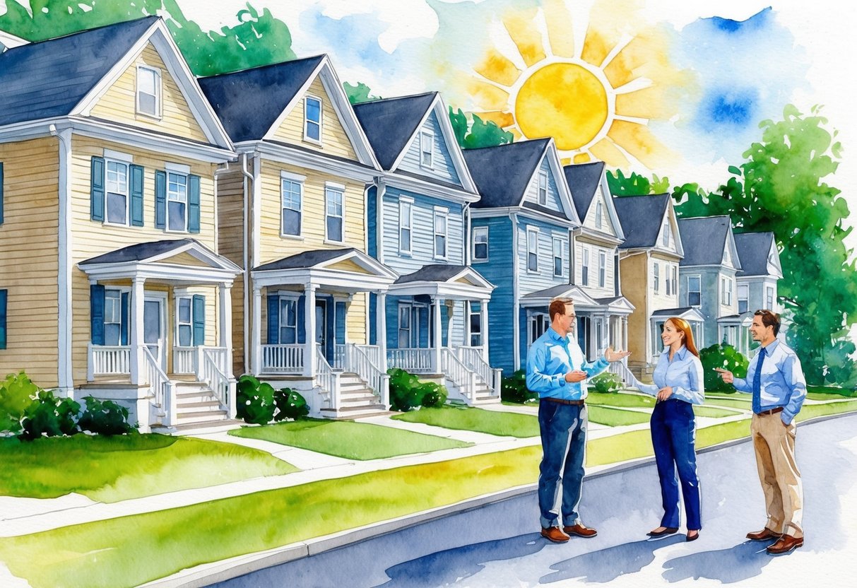 A sunny day in Lewiston, ME with a row of residential houses, a real estate agent showing a property, and a couple discussing investment options