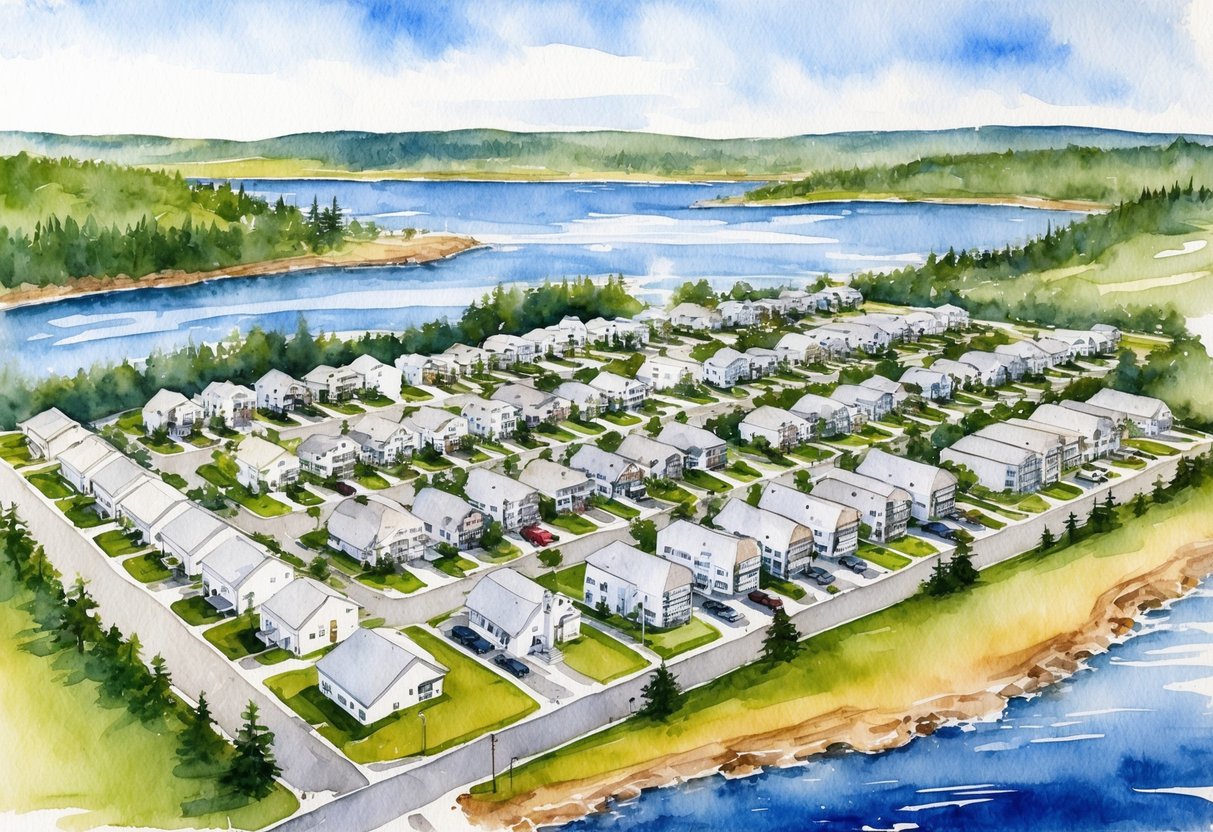 Aerial view of Lewiston, ME with rows of residential and commercial properties, surrounded by natural landscapes and bodies of water