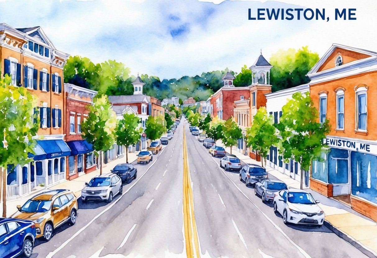 A bustling street in Lewiston, ME lined with diverse real estate properties, from historic homes to modern commercial buildings, showcasing the potential for maximizing investment returns