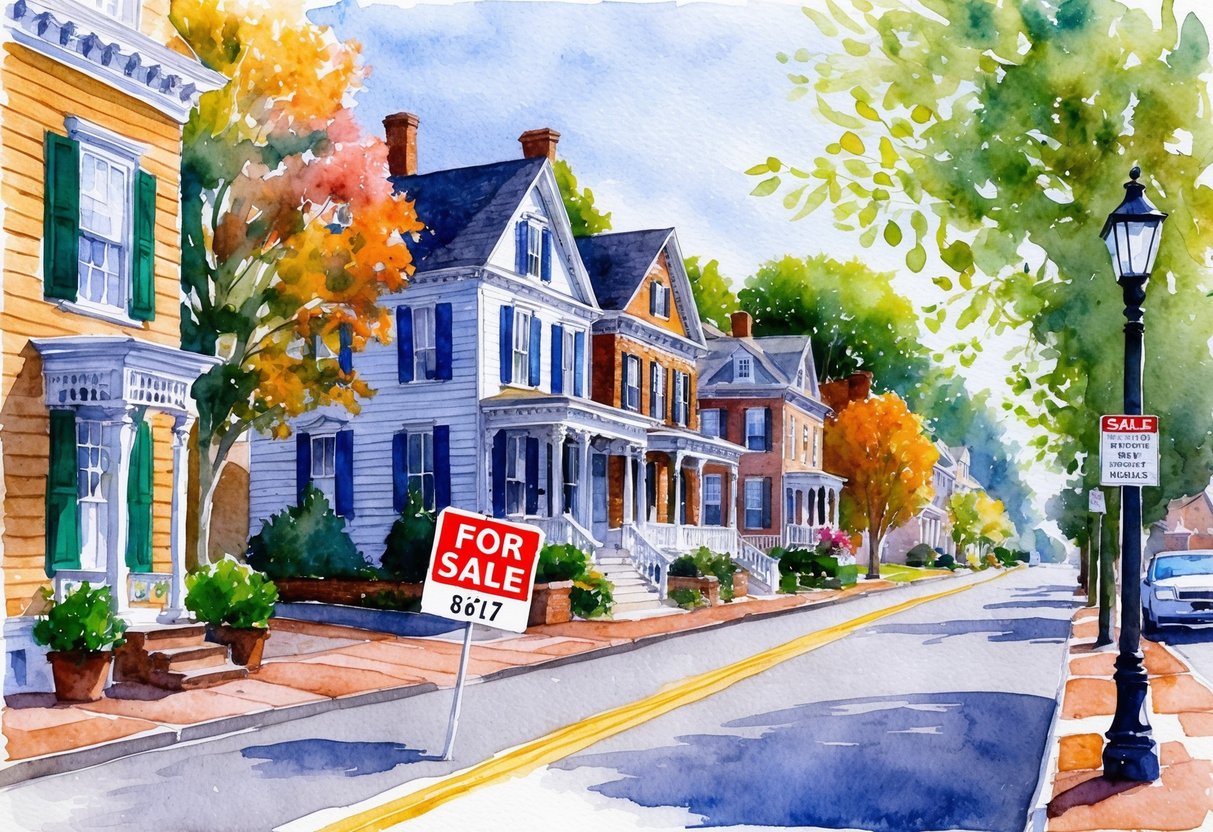 A quaint street in Augusta, ME lined with historic homes and vibrant foliage, with a "For Sale" sign in front of a charming Victorian house