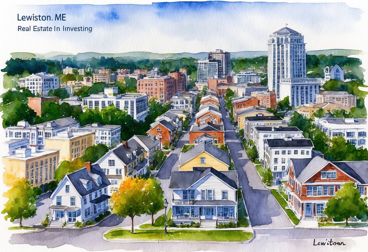 A bustling cityscape in Lewiston, ME with various real estate properties, representing the challenges and risks of real estate investing