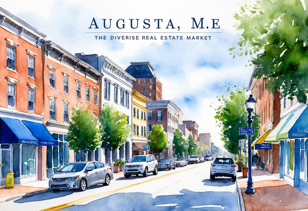 A bustling city street with a mix of historic and modern buildings, showcasing the diverse real estate market in Augusta, ME