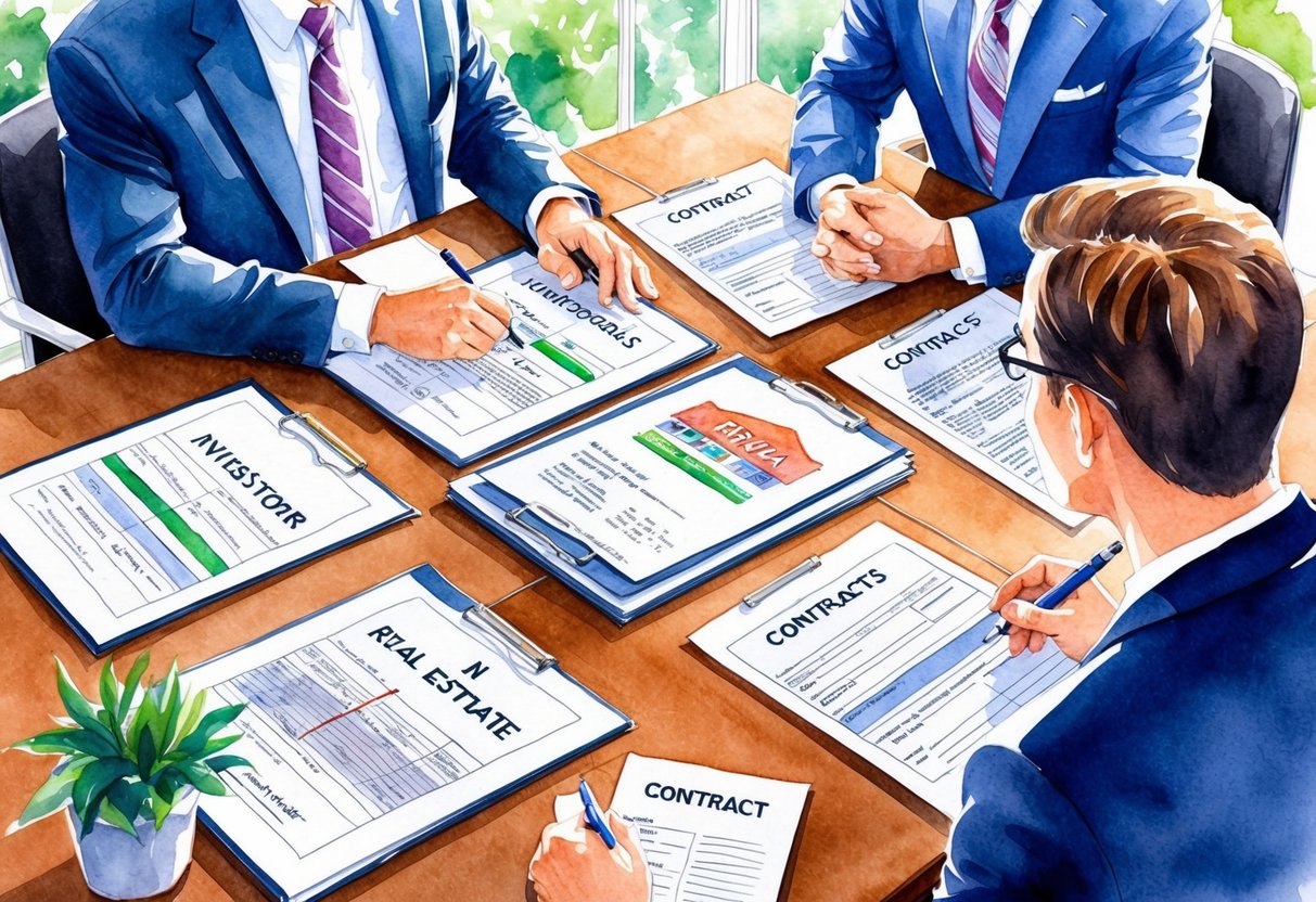 A group of investors discussing real estate in Augusta, ME, with legal documents and contracts spread out on a conference table
