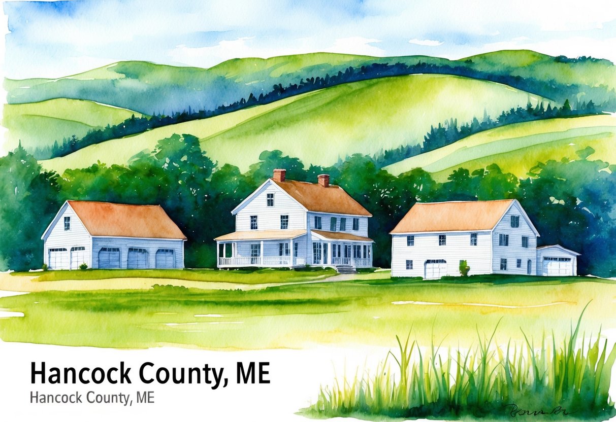A scenic landscape in Hancock County, ME featuring rural real estate properties with rolling hills, lush greenery, and a peaceful atmosphere