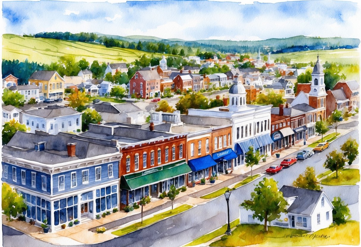 A bustling town center with historic buildings and a mix of residential and commercial properties, surrounded by picturesque countryside in Hancock County, ME