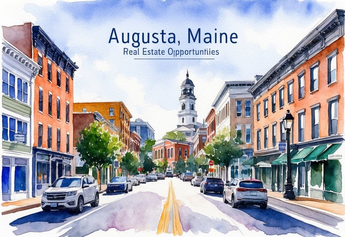 A bustling city street in Augusta, Maine, with a mix of historic and modern buildings, showcasing real estate investment opportunities