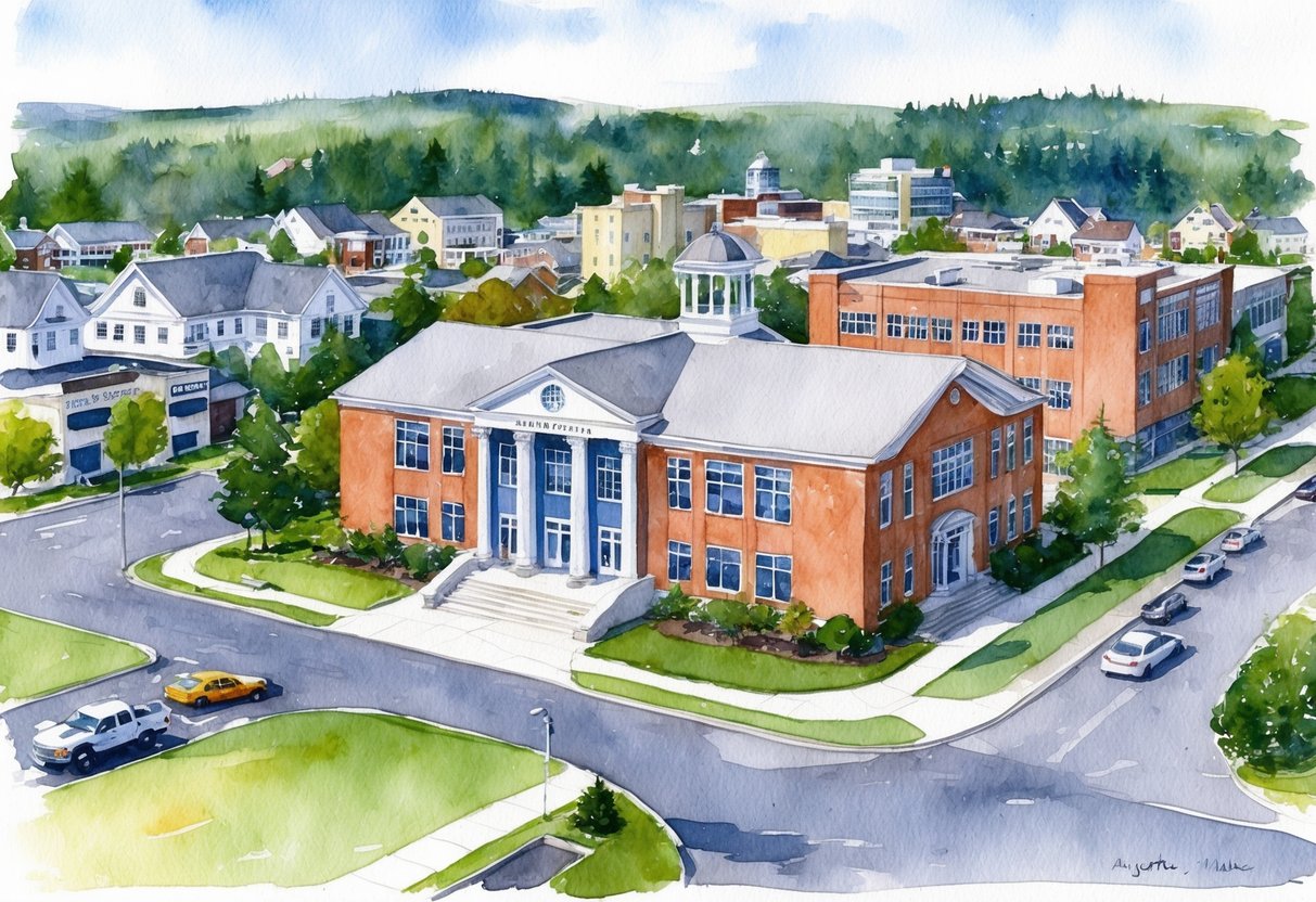 A school building surrounded by residential homes and commercial properties in Augusta, Maine