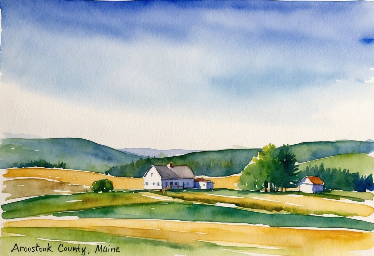 A rural landscape in Aroostook County, Maine with a farmhouse, rolling fields, and a clear blue sky