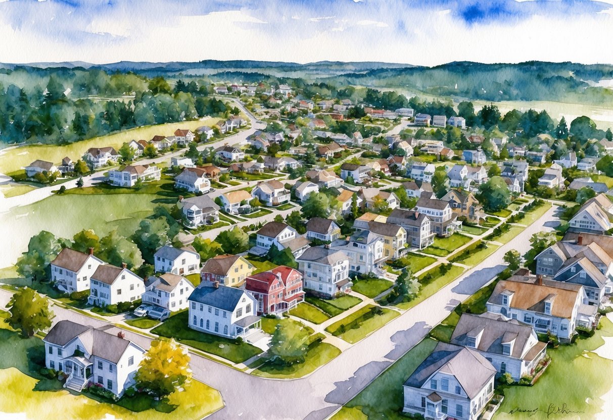 Aerial view of Augusta, ME with residential neighborhoods and various properties