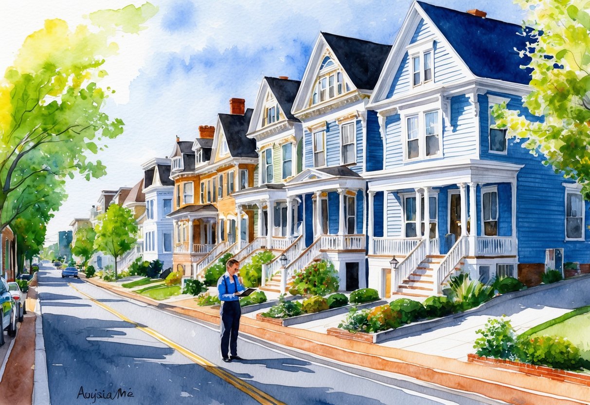 A sunny street in Augusta, ME, lined with charming Victorian homes and modern condos, with a real estate agent assessing property details