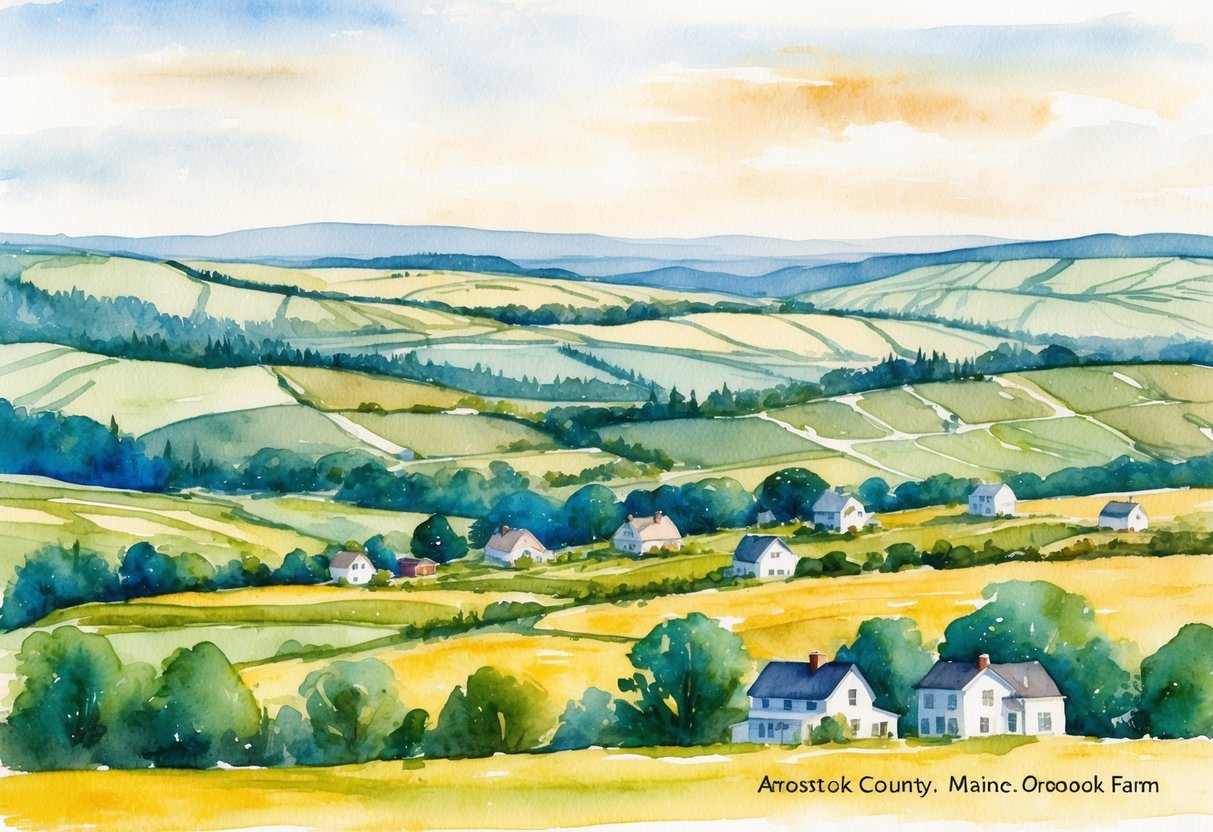 A panoramic view of rolling hills and farmland in Aroostook County, Maine, with quaint rural homes and open fields, showcasing the potential for real estate investment