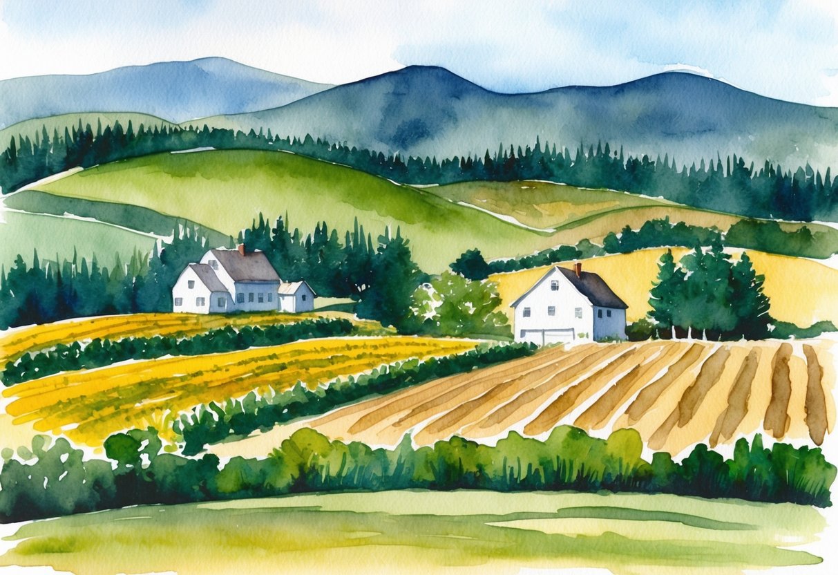A rural landscape with rolling hills, a farmhouse, and fields of crops, surrounded by forests and mountains in Aroostook County, Maine