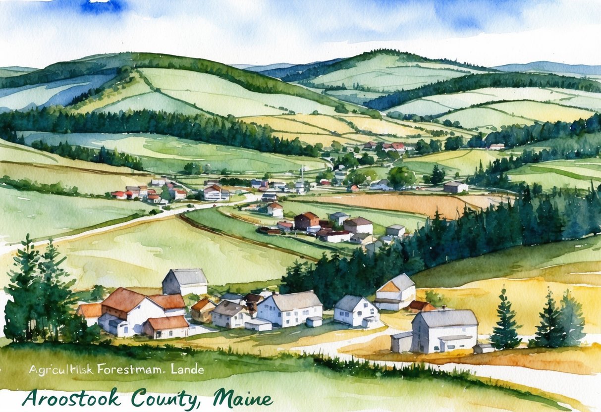A rural landscape in Aroostook County, Maine, with rolling hills, farmland, and small towns. A mix of agricultural and forested land with potential for real estate investment