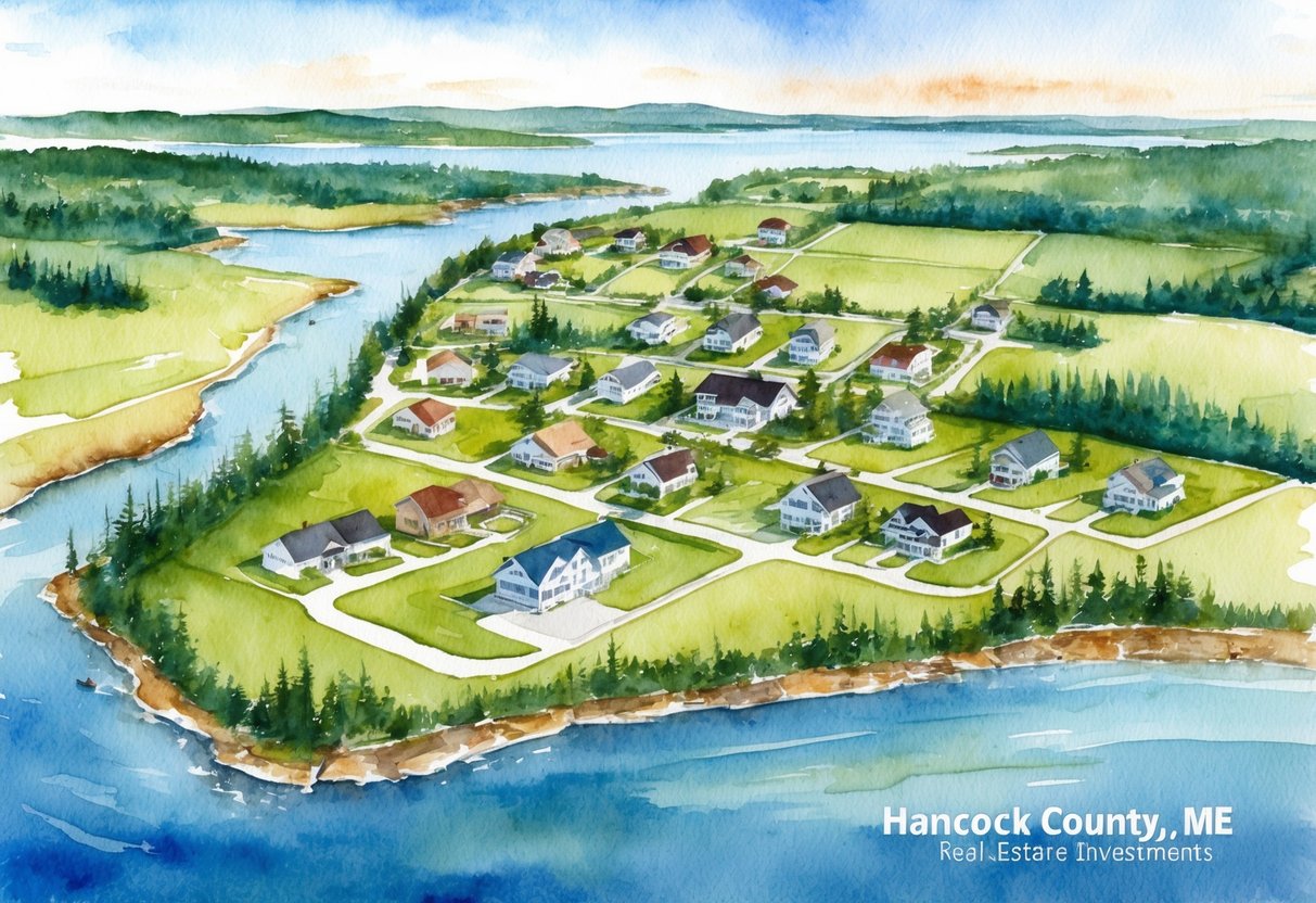 Aerial view of Hancock County, ME showcasing various real estate properties and natural landscapes for potential investments
